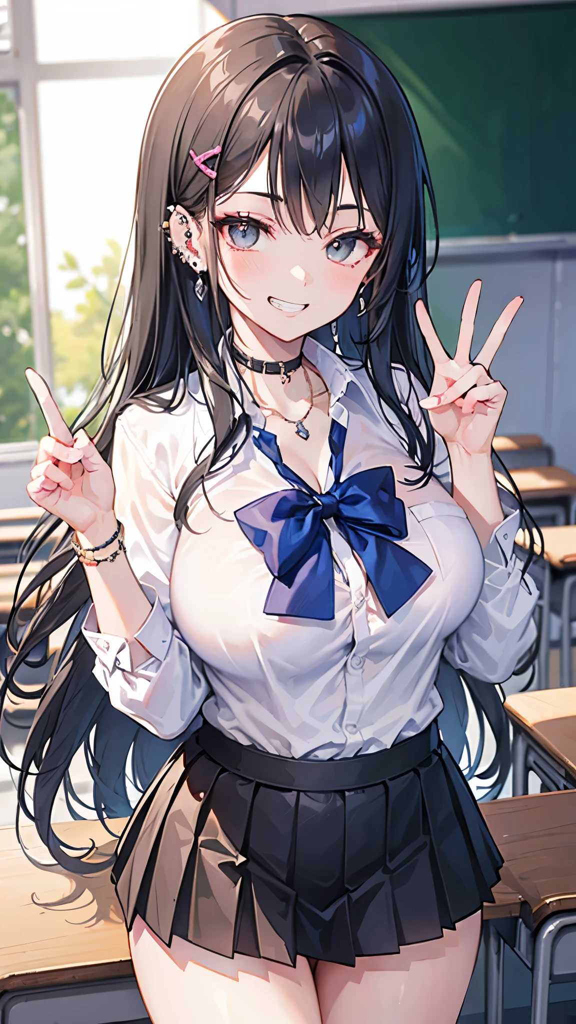 (masterpiece、Highest quality、Very detailed))、One girl、gyaru、Black Hair、Long Hair、Wavy Hair、Grey Eyes、evil smile、((Grin))、((lots of piercing))、((Very large breasts))、((White collared shirt))、A bow tie、((micro miniskirt))、Cowboy Shot、peace sign、Classroom Background