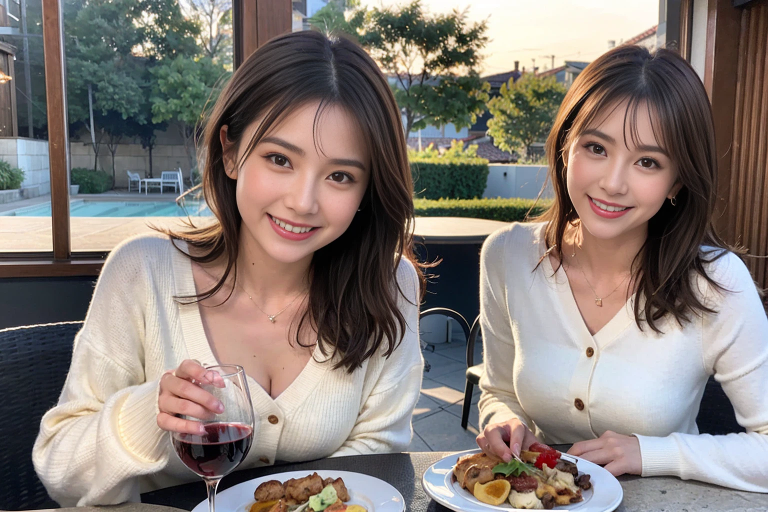 （Realistic:1.1）,(masterpiece,Highest quality)，8k,(44 years old), 42 years old, slimカップル、Model Couple、actress/actor、Tight waist,Upper Body,full-course dinner、wine 、Amazing view of the sunset sky and clouds、Perfect Anatomy, Brown Hair, short hair,Random Hairstyles,((Highly detailed face and eyes:1.2))(cute顔:1.4)，美しいactressの顔，Perfect golden ratio face，Long sleeve shirt、dress,(smile:1.2)、Shortcuts、cute、(Realistic, Intricate details:1.2), A bright smile、short hair,Bright Face、赤wine 、Appetizers、Italian food、wine bottle、Champagne、スパークリングwine、(slimな顔), (The body is slim), (Brown Hair), (Shortcuts),  Upper Body, 白wine, slim, wineグラス, 