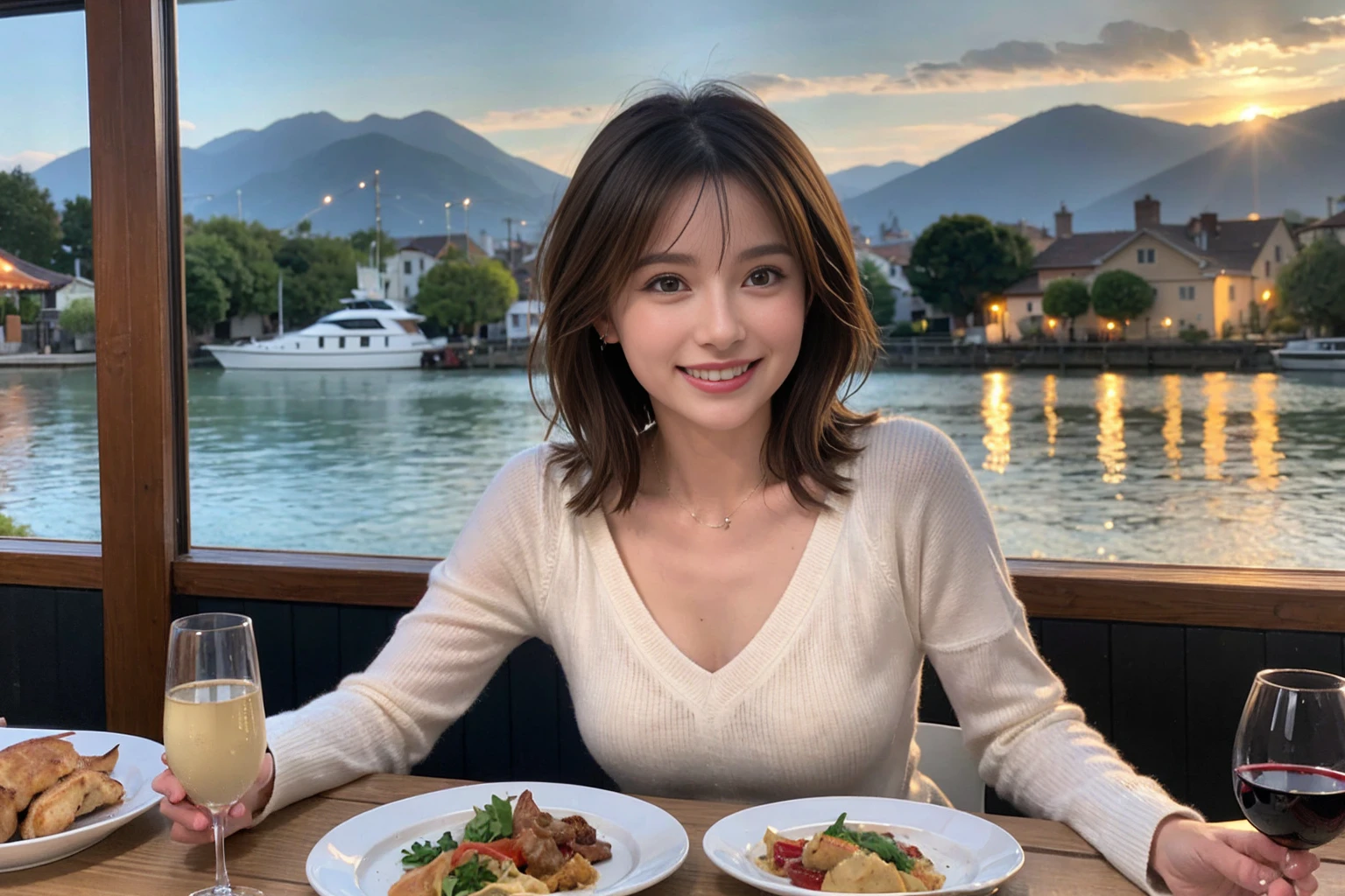 （Realistic:1.1）,(masterpiece,Highest quality)，8k,(44 years old), 42 years old, slimカップル、Model Couple、actress/actor、Tight waist,Upper Body,full-course dinner、wine 、Amazing view of the sunset sky and clouds、Perfect Anatomy, Brown Hair, short hair,Random Hairstyles,((Highly detailed face and eyes:1.2))(cute顔:1.4)，美しいactressの顔，Perfect golden ratio face，Long sleeve shirt、dress,(smile:1.2)、Shortcuts、cute、(Realistic, Intricate details:1.2), A bright smile、short hair,Bright Face、赤wine 、Appetizers、Italian food、wine bottle、Champagne、スパークリングwine、(slimな顔), (The body is slim), (Brown Hair), (Shortcuts),  Upper Body, 白wine, slim, wineグラス, 