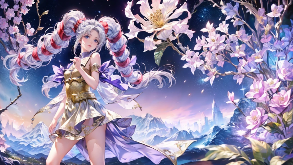 One Girl,Twin tails,Highest quality, Very detailed, beautiful, Exquisite, 16K, Full HD,(garden,((Sparkly and soft layered dress)),A large and beautiful dress inspired by rose flowers, Hanabubuki,The screen is surrounded by flowers,Frills,Rhinestones are adorned、Intricately wavy ball gown,(Art Station, Fantasy art:1.2), pastel colour、Gradient Hair, tiara,anklet,Purple eyes, Long eyelashes, beautiful Purple eyes,Pale pink cheeks,Golden Hour, Dazzling Light, Warm lighting,Bright light,Romantic light,Accurate hands