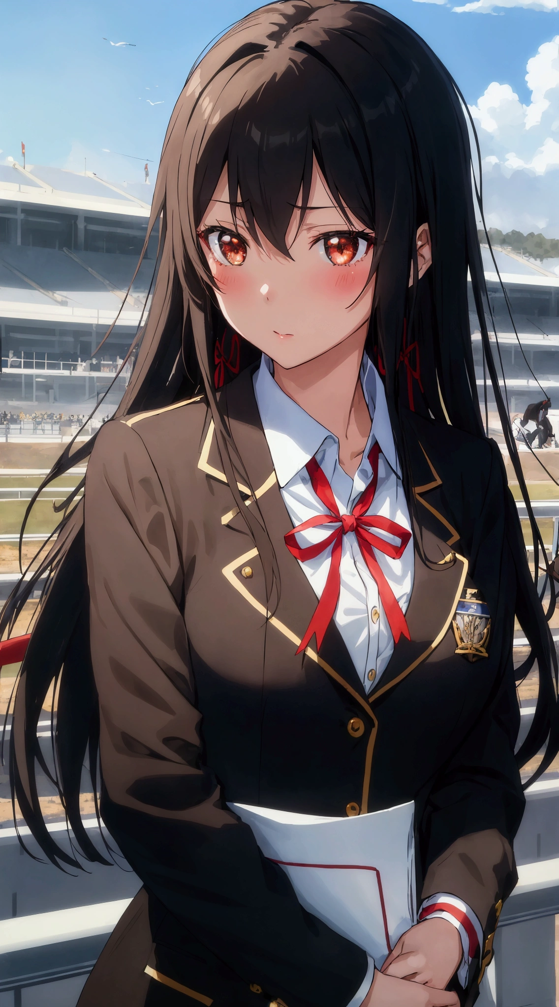 masterpiece, Highest quality, Ultra-high resolution, (beautiful girl: 1.3), (Browsing Caution: 1.1), Black Hair, Straight hair、long hair、Upper Body Shot,yukino yukinoshita,blazer,Yukinoshita Yukino watches the horses cross the finish line with a determined look in her eyes at the racetrack.、Rin々Funny face、Smaller breasts、(Red ribbon in hair)