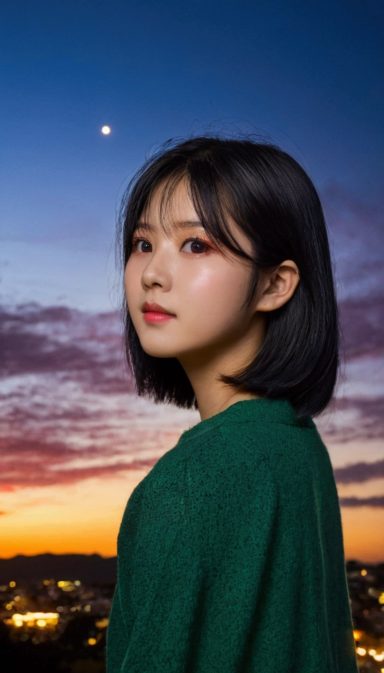 One girl,profile,Landscape, Expose the whole body,Nice face,Red pupils,Grayish-black hairworks blooming,色とりどりのfirework,firework,Daisy,Floating in the sky,Bright,Cheerfulness,Warm and soft lighting,evening,green,Light clouds,bar cloud