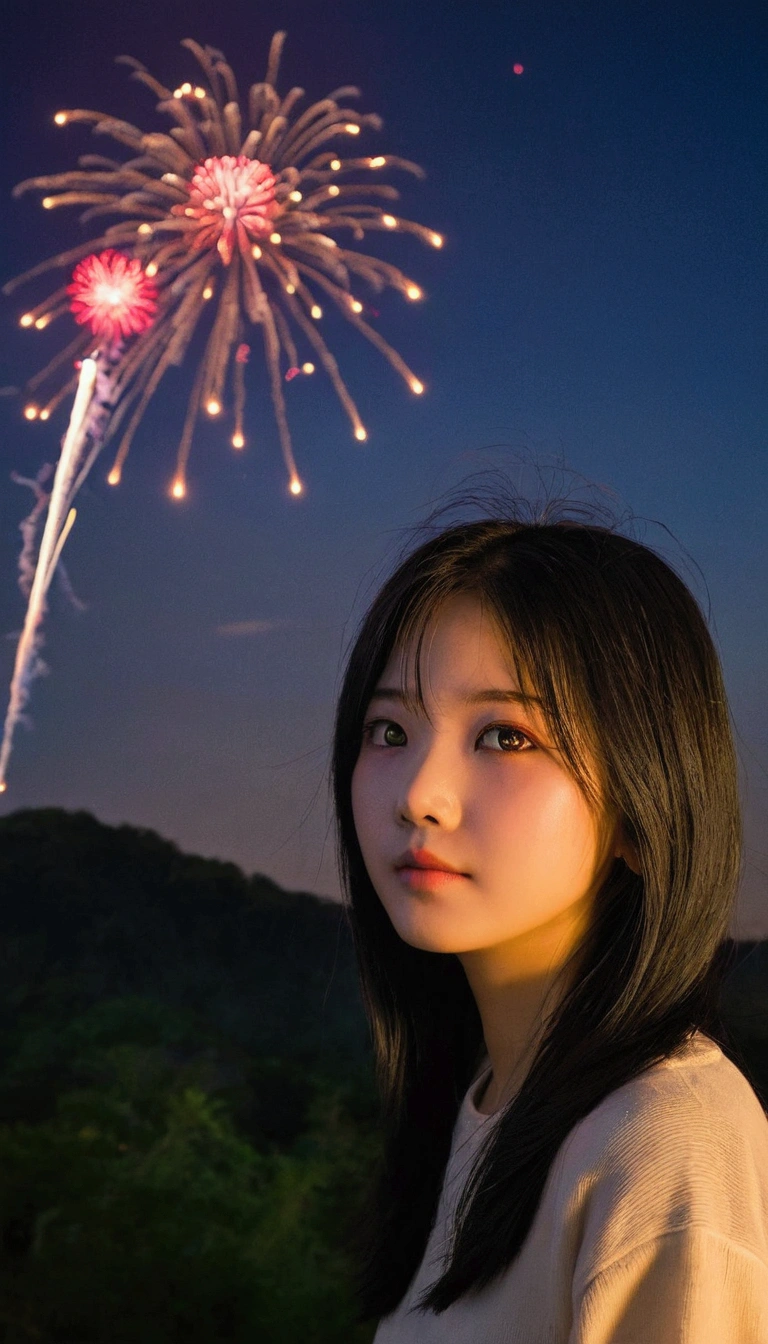 One girl,profile,Landscape, Expose the whole body,Nice face,Red pupils,Grayish-black hairworks blooming,色とりどりのfirework,firework,Daisy,Floating in the sky,Bright,Cheerfulness,Warm and soft lighting,evening,green,Light clouds,bar cloud