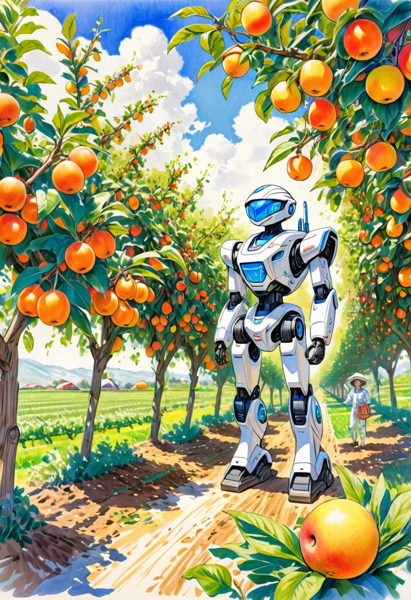 A colored pencil sketch of a futuristc farm robot working in a fruit orchard. It is bright sunny romanitic and idealist sketch of furture were the land and tecknology ar in harmony in a archeofuturistic vision.