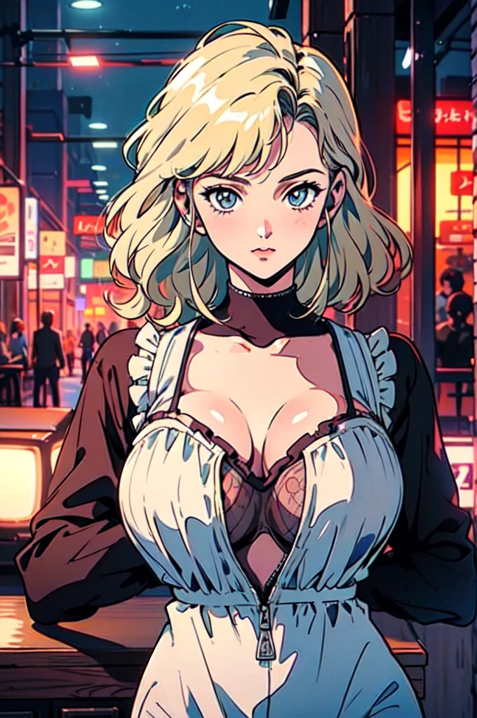 The album cover created with SeaArt、A masterpiece retro city pop poster。A blonde girl with short hair drawn in the highest quality 4K image quality、Drawn in dynamic poses and angles。Her eyes are bright blue、He is dressed in stylish clothes like a rapper.。She puts on headphones、Holds the guitar powerfully。
In a dark room、Blue light shines、It creates a fantastic atmosphere。The room is about the size of a 1K apartment.、The window offers a view of downtown Shinjuku.。The lights of the buildings and the brilliance of the signs、Combined with the blue light, it creates a fantastic atmosphere.。
This album cover is、Incorporating the retro atmosphere of the 80s and the charm of city pop、It is completed as the highest quality anime illustration.。