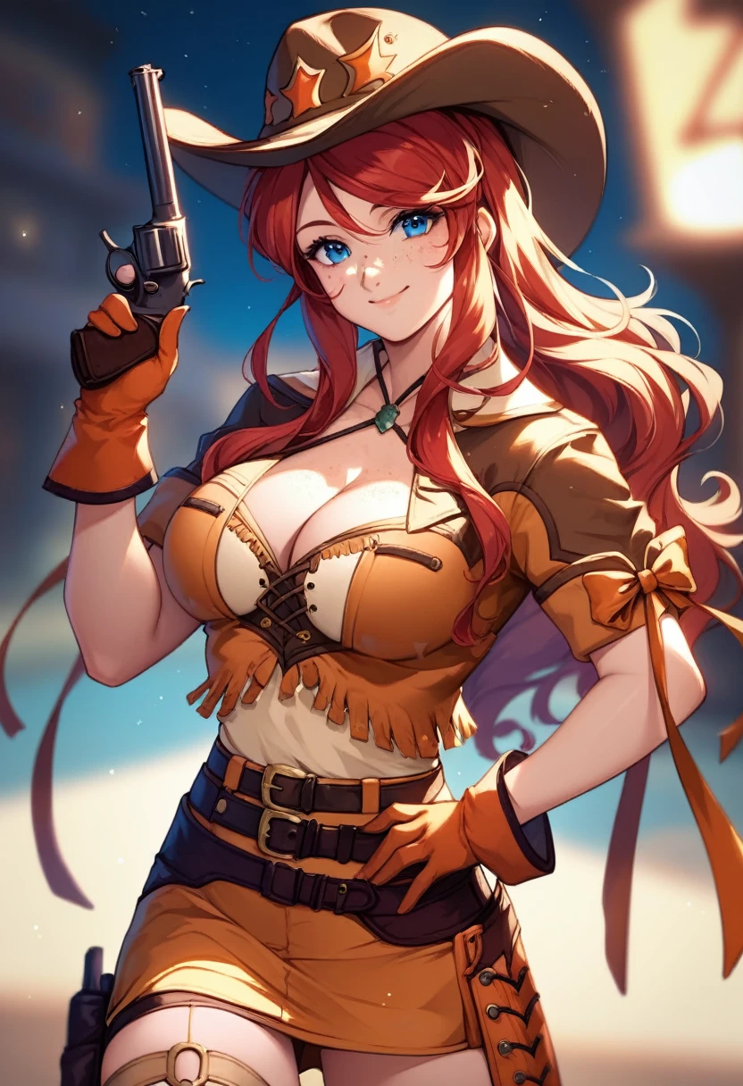 score_9, score_8_up, score_7_up, very aesthetic, source_anime, detailed, high quality, beautiful, masterpiece, detailed eyes,
Night time, blurry background,
cowboy shot, upper body, smile, mouth closed,
gemini sunrise, red hair, long hair, blue eyes, freckles, sidelocks, big breasts, cleavage
belt, thigh strap, cowboy hat, cowboy boots, fringe trim, gloves, miniskirt, revolver gun, zPDXL