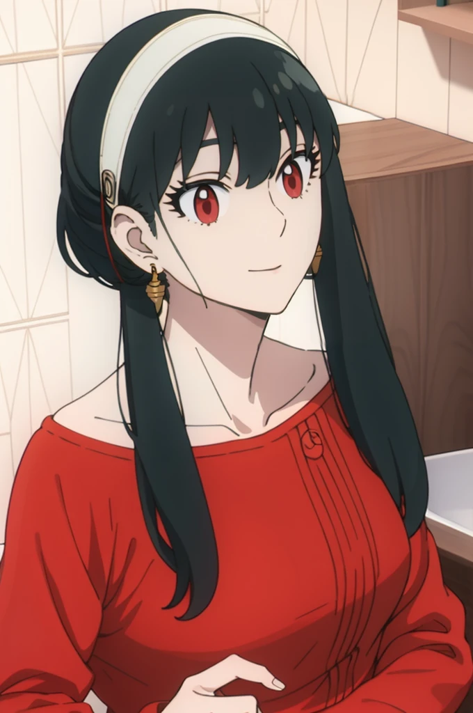 { - anatomy error} (Masterpiece, Best Quality) (masterpiece:1.4),(best quality:1.4) best quality, masterpiece, highres, solo, {yor_briar_spyxfamily:1.15}, black_hair, hairband, red eyes, sidelocks, white_hairband, jewelry, earrings, bangs, long_hair, 1girl, collarbone, closed_mouth, red_sweater, sweater, backwards, full body, dinamic poses, looking at camera, smile, pregnant belly