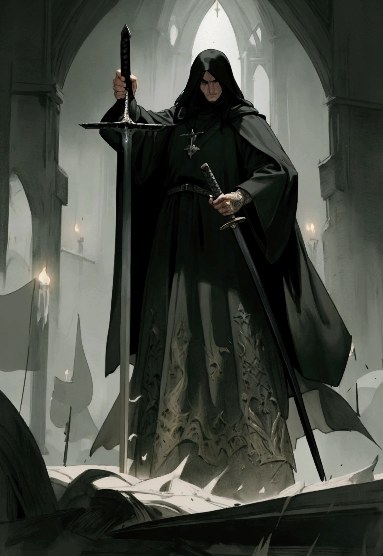 a man in a black cloak with long dark hair, holding a medieval sword, highly detailed, intricate fantasy illustration, cinematic lighting, dramatic atmosphere, muted color palette, realistic rendering, masterpiece, cinematic quality, hyper detailed