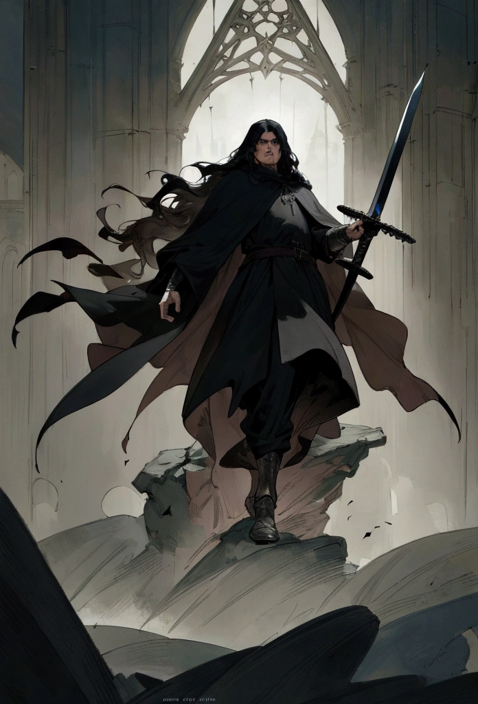 a man in a black cloak with long dark hair, holding a medieval sword, highly detailed, intricate fantasy illustration, cinematic lighting, dramatic atmosphere, muted color palette, realistic rendering, masterpiece, cinematic quality, hyper detailed