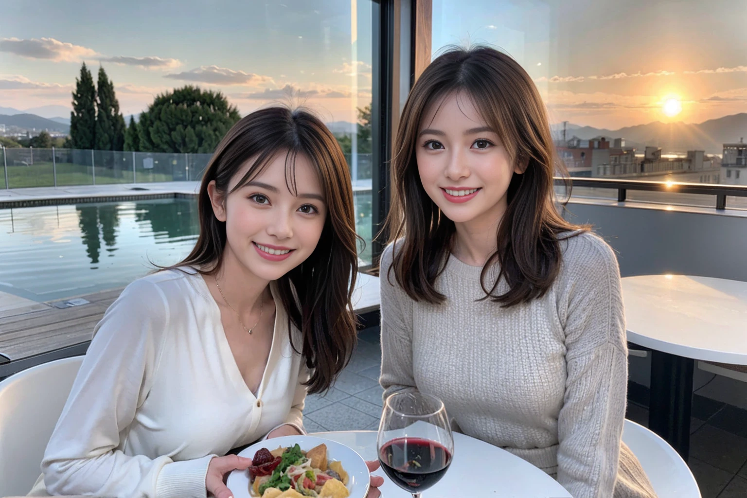 (Realistic:1.1),(masterpiece,Highest quality),8k,(44 years old), 42 years old, slimカップル、Model Couple、actress/actor、Tight waist,Upper Body,full-course dinner、wine 、Amazing view of the sunset sky and clouds、Perfect Anatomy, Brown Hair, short hair,Random Hairstyles,((Highly detailed face and eyes:1.2))(cute顔:1.4),美しいactressの顔,Perfect golden ratio face,Long sleeve shirt、dress,(smile:1.2)、Shortcuts、cute、(Realistic, Intricate details:1.2), A bright smile、short hair,Bright Face、赤wine 、Appetizers、Italian food、wine bottle、Champagne、スパークリングwine、(slimな顔), (The body is slim), (Brown Hair), (Shortcuts), Upper Body, 白wine, slim, wineグラス,
