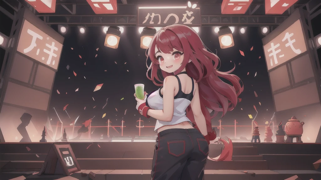 最high quality、Best image quality、masterpiece、girl((20-year-old、 By becoming、Best Bust、Medium Bust,Wide open breast tea、red glowing eyes, Black and red hair、Disheveled Hair、Long Hair、thin,The highest valley、White tank top、Red pants、Open chest、White wristband、smile、Leaning forward、hair ornaments、Angle from behind、Lointail、Looking at smartphone、Movement to go up the stage)),high quality、Beautiful art、background((stage))、Flight、Flying debris、Written boundary depth、movie、Visual Arts、Perfect art、8K,Genuine、