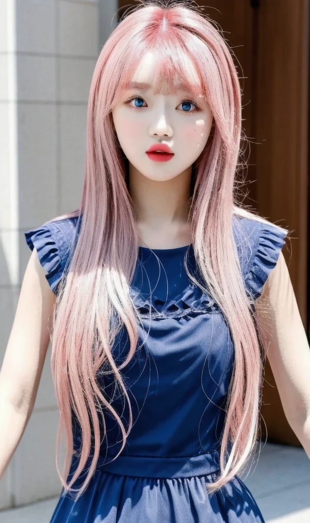 highest quality, figure, Pink Hair、sexy、slender、Green tie、Open front pink shirt、Blue exy、Shapely small breasts、sexy、sexy、Very detailed, Fine details,Slim body、slender、Japanese girl、 High resolution, 8k,wallpaper, Perfect dynamic composition, Beautiful fine details, Twin tails、Big Natural Color Lip, smile、Cold Stare,、Cute type、Lolita、Good Eyesle body,Light blue wall,sexy太ももが見える、