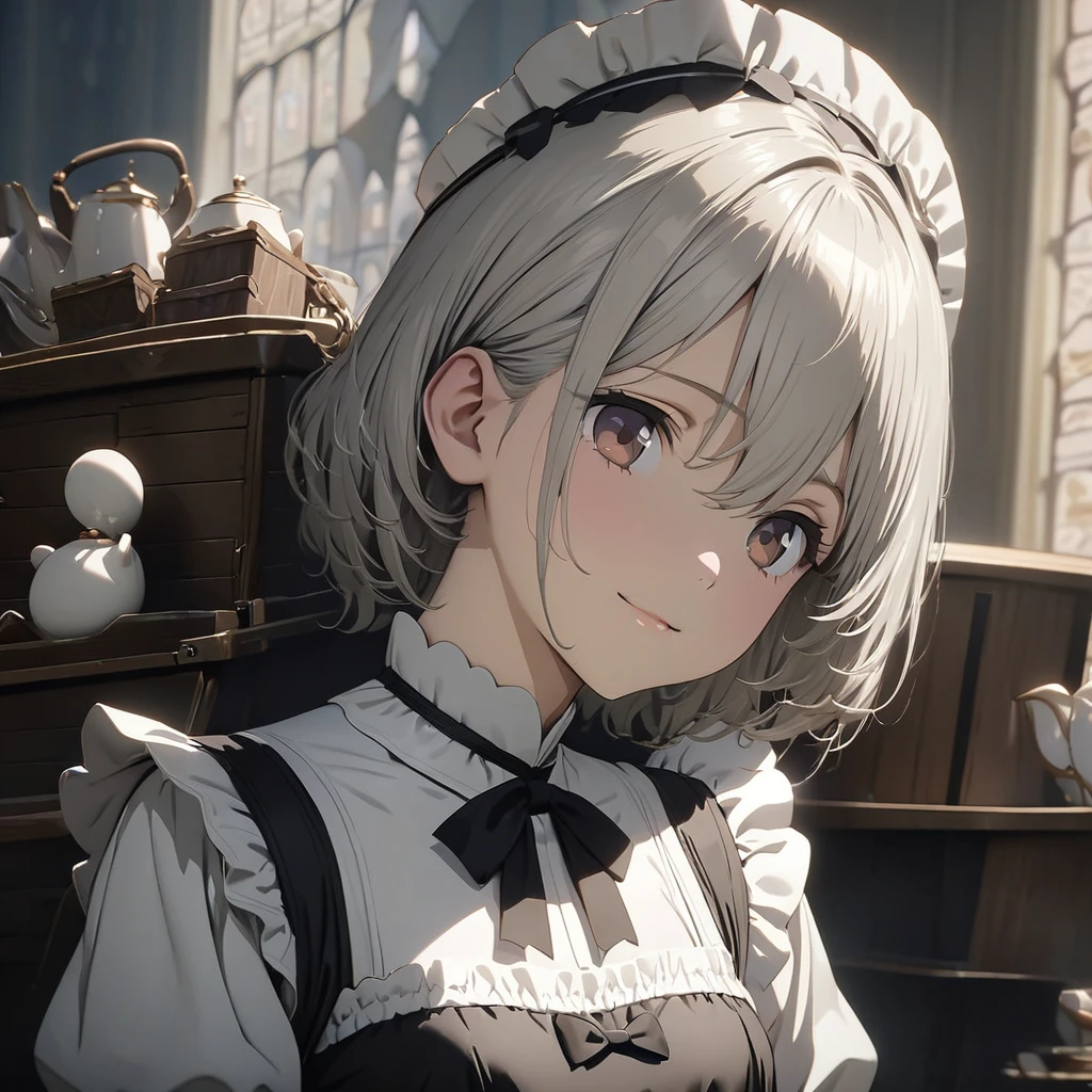 masterpiece, ultra detailed, 8K, (Cute a girl:1.5),
(masterpiece:1.3), anime visual,pale silver middle hair,Hair between the eyes,brown eyes, (Lovey-dovey:1.5), (tilt head:1.3), extremely delicate face, soft clean focus, realistic lighting and shading, (an extremely delicate and beautiful art:1.3), elegant, (muted colors:1.1), small breast,slim,White brim, white maid uniform, tea set carrying wagon,gentle smile,