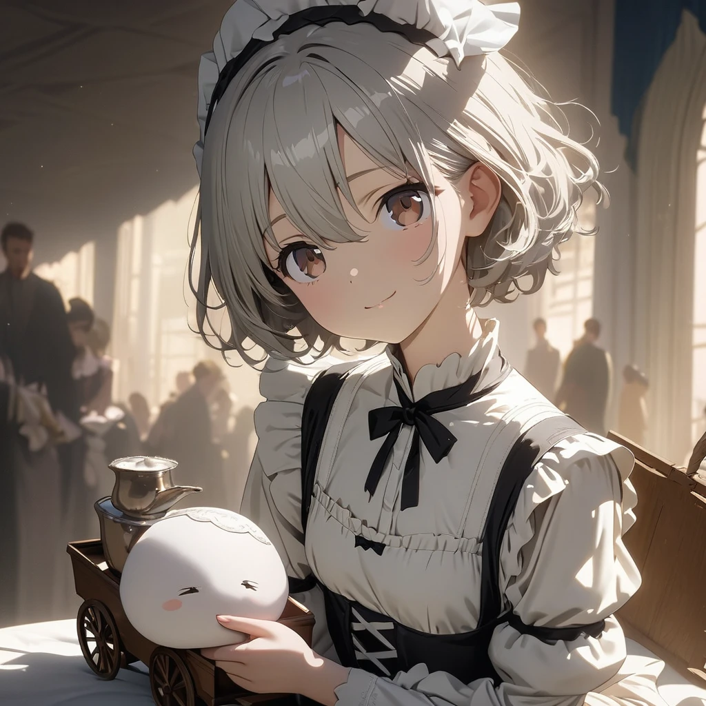 masterpiece, ultra detailed, 8K, (Cute a girl:1.5),
(masterpiece:1.3), anime visual,pale silver middle hair,Hair between the eyes,brown eyes, (Lovey-dovey:1.5), (tilt head:1.3), extremely delicate face, soft clean focus, realistic lighting and shading, (an extremely delicate and beautiful art:1.3), elegant, (muted colors:1.1), small breast,slim,White brim, white maid uniform, tea set carrying wagon,gentle smile,