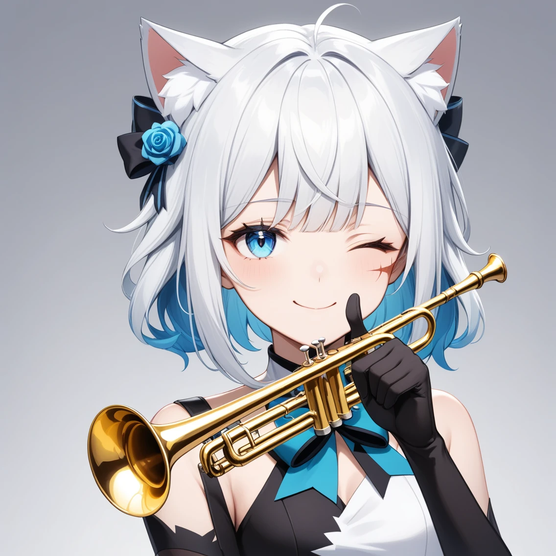 1 girl with short white hair，Cat ear,{employment \(Genshin Impact\)},Solitary,Smile, trumpet,{Blue Hair},bell,only_Shoulder,Black_Gloves,point to at viewer, Close one eye, Looking at the audience, Solitary, White hair, Shut up, Bangs, background, point to, Finger guns,portrait,thumbs up,Medium quality,masterpiece,scar，Blood，Pale complexion