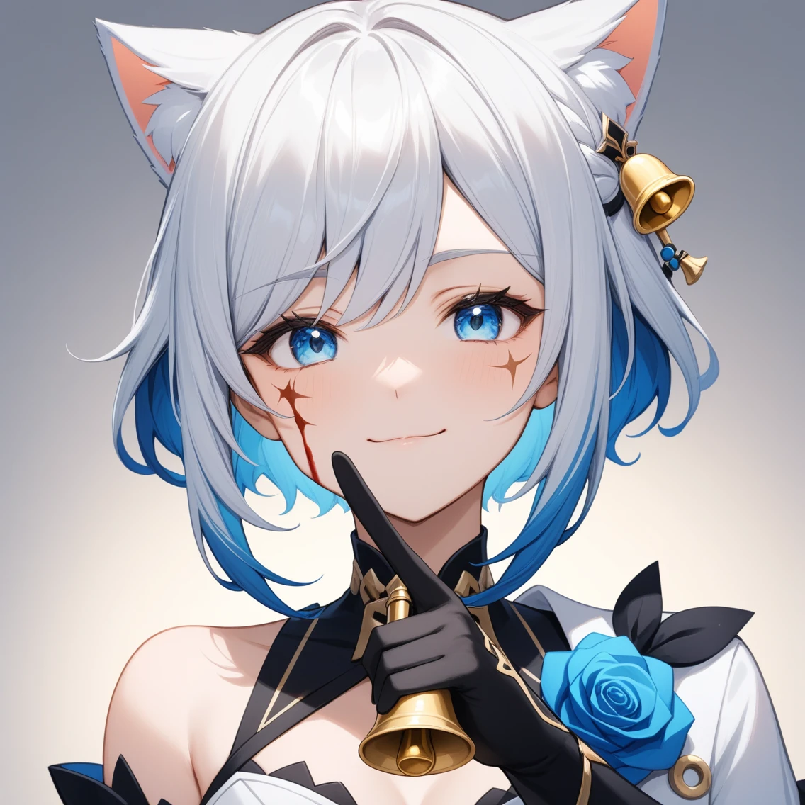 1 girl with short white hair，Cat ear,{employment \(Genshin Impact\)},Solitary,Smile, trumpet,{Blue Hair},bell,only_Shoulder,Black_Gloves,point to at viewer, Close one eye, Looking at the audience, Solitary, White hair, Shut up, Bangs, background, point to, Finger guns,portrait,thumbs up,Medium quality,masterpiece,scar，Blood，Pale complexion