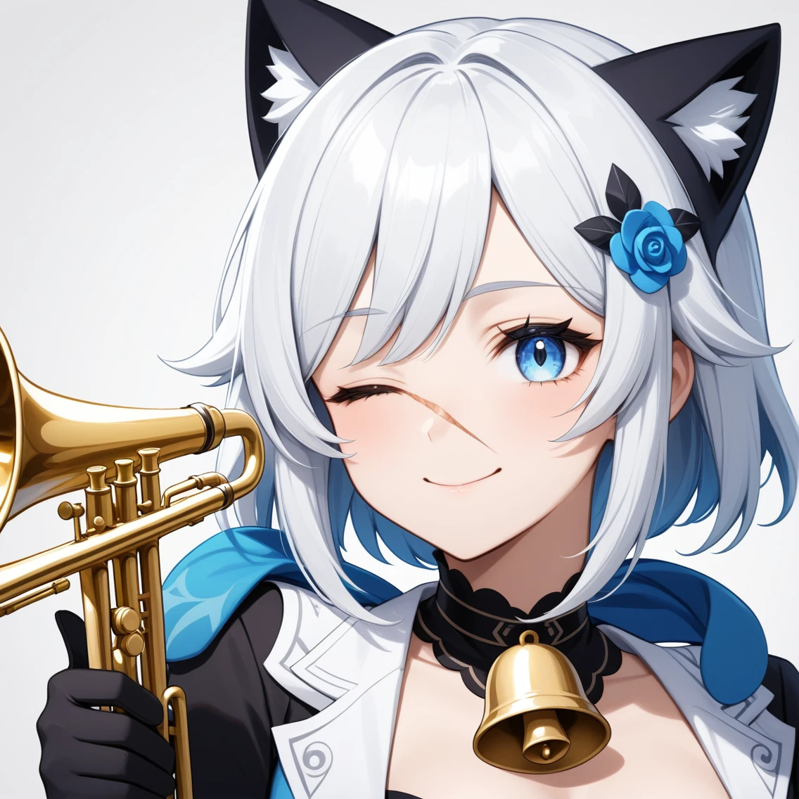 1 girl with short white hair,Cat ear,{employment \(Genshin Impact\)},Solitary,Smile, trumpet,{Blue Hair},bell,only_Shoulder,Black_Gloves,point to at viewer, Close one eye, Looking at the audience, Solitary, White hair, Shut up, Bangs, background, point to, Finger guns,portrait,thumbs up,Medium quality,masterpiece,scar,Blood,Pale complexion