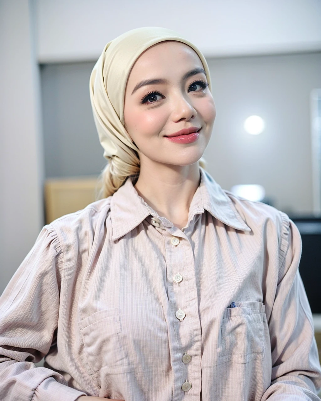 Matured Malay women in hijab wearing sexy satin lilac color bra and panties, portrait photography, 35 years old, mid shot photo, ultra detail, professional photograph with professional lighting, smile, light blue studio background, sexy seducing pose, curvy,