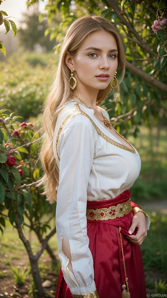 Standing by the golden apple tree, in garden ,Daughter of a Russian noblewoman during the reign of Catherine II, Front view , looking at viewer, Russian girl, 18 age old, (Blond hair, middle hair , wince, Gray eyes, beautiful lip, serious), (gold crescent earrings, gold neckless), (big breasts, slender whist, wide hip) ,(wearing traditional ethnic clothing, including a white and red Sarafan and kokoshnik), textured skin , HI detailed skin, (foreshortening, Canon, 8K, anatomically correct, super detail, high details, highness,