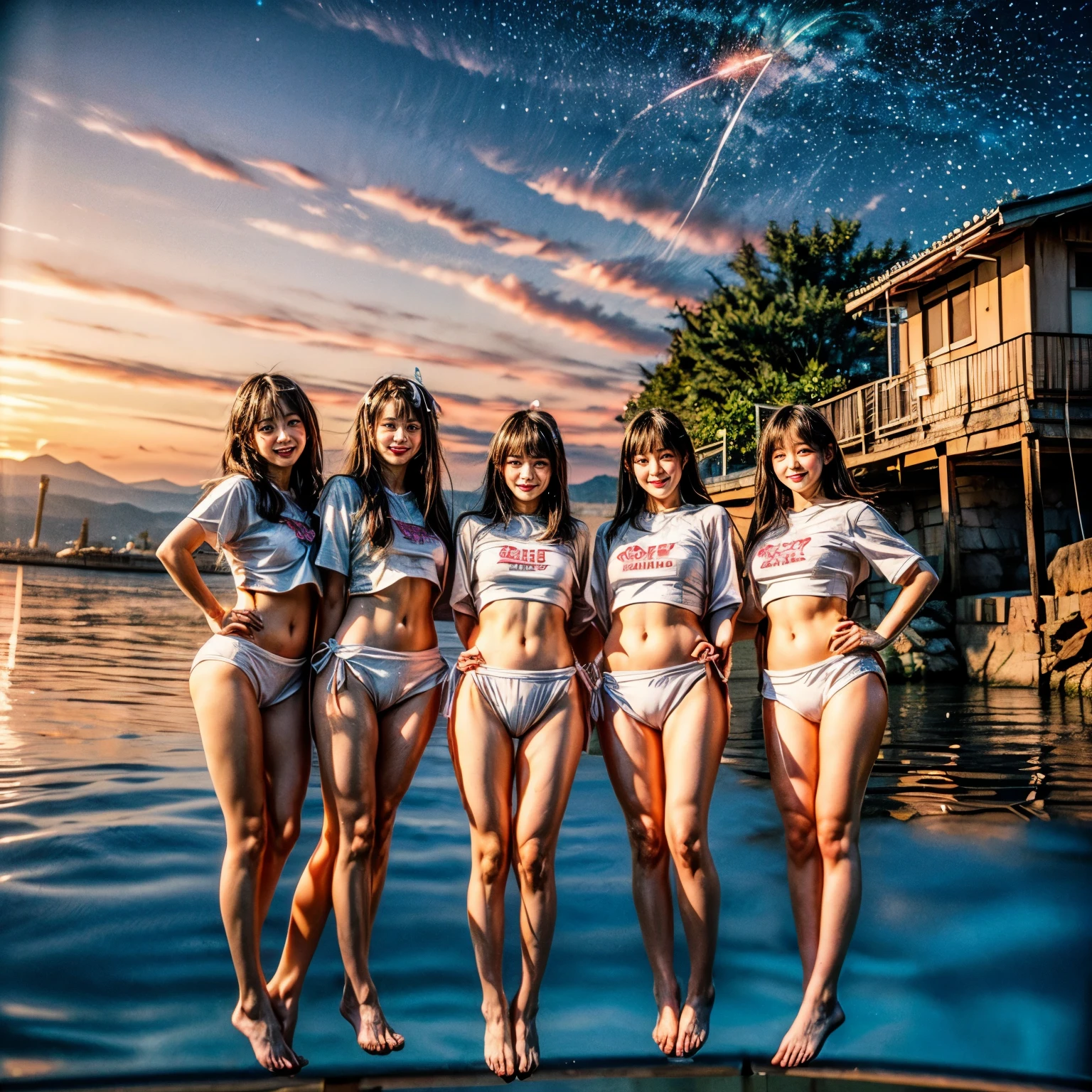  Masterpiece of (ProfessionalPhoto:1.37) ((ExtremelyDetailed (12 PICHIPICHI KAWAII Girls Floating in The Air in a row:1.37) in WHITE at Dusk Enoshima Beach)), {(Standing Full Body:1.2)|(from below:1.2)|Detailed KAWAII face}, Different types of hair colors, {(skinny(school swimwear))|(SchoolUniform)with Tiny AthleticShorts}, {(Corrected Childish hand)|Hidden hand|Different types of breasts|(Clearly Visible the shape of Butt)}, Joyful Expressions LifeLike Rendering, Detailed clothing texture, PerfectLighting, (Dazzling Horizon Visible through ThighGap), (Starry IridescentParticles:1.22) ColorfulClouds . Whole Body proportions and all limbs are anatomically accurate