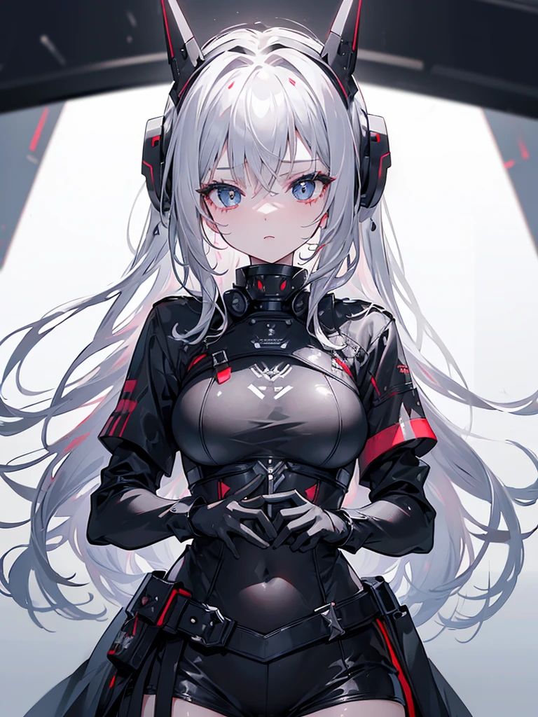 (((masterpiece))), ((4K)), beat, wearing black beat gear, , beat written on breastplate, wearing black beat helmet, A girl, ,  Rouge pupil, Silver Hair, Expression of mercy