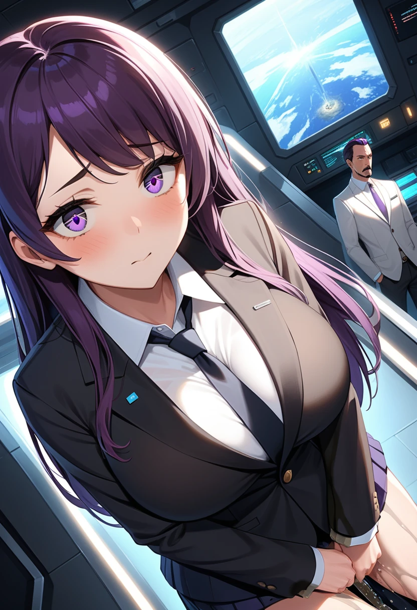 (high quality,Very detailed:1.37, High resolution), Woman, (mature:2.0), (Sakaki Yumiko:1.5), (very long hair:1.5), (dark purple hair:2.5), purple eyes, huge breasts, tuxedo, necktie, (pants:1.5), (wetting herself:2.0), standing, embarrassed, humiliation, (sanpaku eyes:1.5), (constricted pupils:1.5), (tiny pupils:1.5), (sweating:1.5), shaking, (trembling:1.5), (blushing:1.5), Meticulous details, (extremely detailed eyes:1.37), space station, interior, science fiction, futuristic