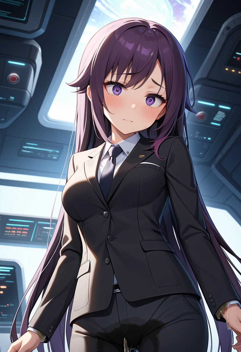 (high quality,Very detailed:1.37, High resolution), Woman, (mature:2.0), (Sakaki Yumiko:1.5), (very long hair:1.5), (straight hair:1.5) (dark purple hair:2.5), purple eyes, huge breasts, black tuxedo, necktie, (black pants:1.5), (wetting herself:2.0), standing, embarrassed, humiliation, (sanpaku eyes:1.5), (constricted pupils:1.5), (tiny pupils:1.5), (sweating:1.5), shaking, (trembling:1.5), (blushing:1.5), Meticulous details, (extremely detailed eyes:1.37), space station, interior, science fiction, futuristic
