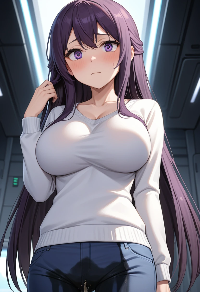 (high quality,Very detailed:1.37, High resolution), Woman, (mature:2.0), (Sakaki Yumiko:1.5), (very long hair:1.5), (dark purple hair:2.5), purple eyes, huge breasts, tuxedo, necktie, (pants:1.5), (wetting herself:2.0), standing, embarrassed, humiliation, (sanpaku eyes:1.5), (constricted pupils:1.5), (tiny pupils:1.5), (sweating:1.5), shaking, (trembling:1.5), (blushing:1.5), Meticulous details, (extremely detailed eyes:1.37), space station, interior, science fiction, futuristic