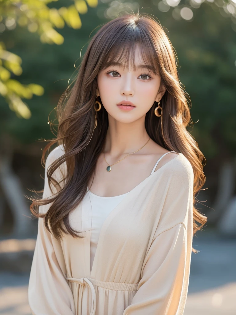  ((Highest quality, 8k, masterpiece:1.3)), concentrate: 1.2, Perfect body beauty: 1.4, Hips: 1.2, ((Long Hair, chest: 1.2)), (Dry clothes: 1.1) , (clear, Simple Background:1.3), Simple clothes: 1.1, Highly detailed face and skin texture,Delicate eyes, double eyelid, Whitened skin, Rough skin、Long Hair、Earrings with bangs、necklace、 solo、Beige coat、White shirt,  (((Beautiful girl with cute Japan)))、  ((Beautiful Japanese girl 20 years old))、 ((Baby Face))、 (((Slender body)))、  Upper Body，Face focus、necklace，Simple Background，From above， Realistic Hair、 A photograph was taken:Canon EOS R6、135mm、1/1250 seconds、f2.8、ISO400、(Detailed explanation of the hand)、(Masseter muscle area)、(Exquisite CG)、Long Hair, loose and curly hair、Korean Hair、Long Hair明るいベージュ色、グラデーションハイライトグレージュのゆるふわLong Hairスタイル、