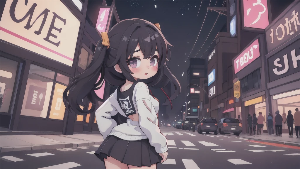 masterpiece, best quality, HuTaoV4, 1girl, solo, blush, twintails, long hair, hair between eyes, ((streetwear clothes)), city, outdoors, night, movie poster, extremely detailed 8K, smooth, high resolution, ultra quality, cinematic lighting, ambient occlusion, hd, 2k, 4k, 8k, 16k, extremely detailed anime, detailed faces, perfect composition, wide shot, atmospheric lighting, very sexy, lift skirt, random low back angle, uncensored, nsfw, sin censura