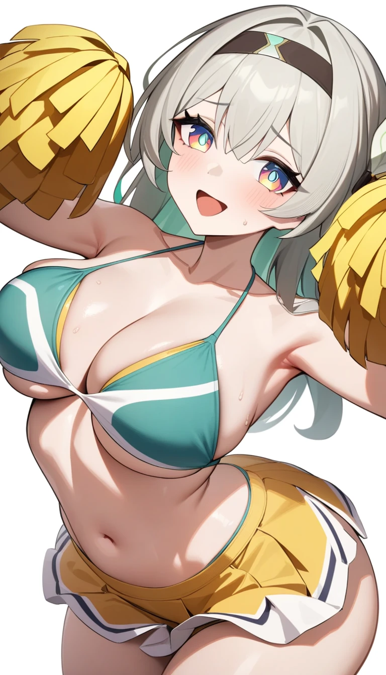 16k,masterpiece,best quality,very aesthetic,absurdres,1girl, solo,light smile,embarrassed ,(cheerleader,bikini),breast,(breast focus),thick thighs,shiny skin ,:d,firefly_\(honkai:_star_rail\), white flower,headband,looking_at_viewer,white background
