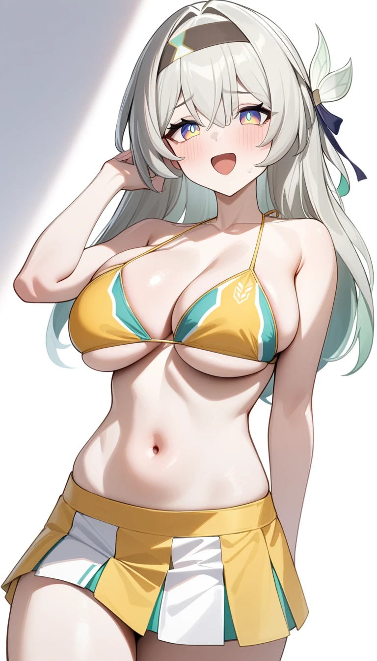 16k,masterpiece,best quality,very aesthetic,absurdres,1girl, solo,light smile,embarrassed ,(cheerleader,bikini),breast,(breast focus),thick thighs,shiny skin ,:d,firefly_\(honkai:_star_rail\), white flower,headband,looking_at_viewer,white background