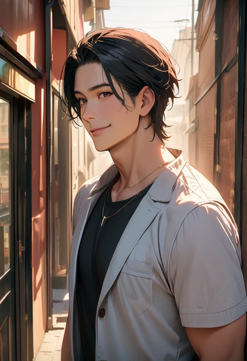 ((45 years old ,modern)), Verism, (masterpiece:1.3), textured skin, super detail, best quality, 4K ,  A handsome man, black hair, short hair, light smile, happy
