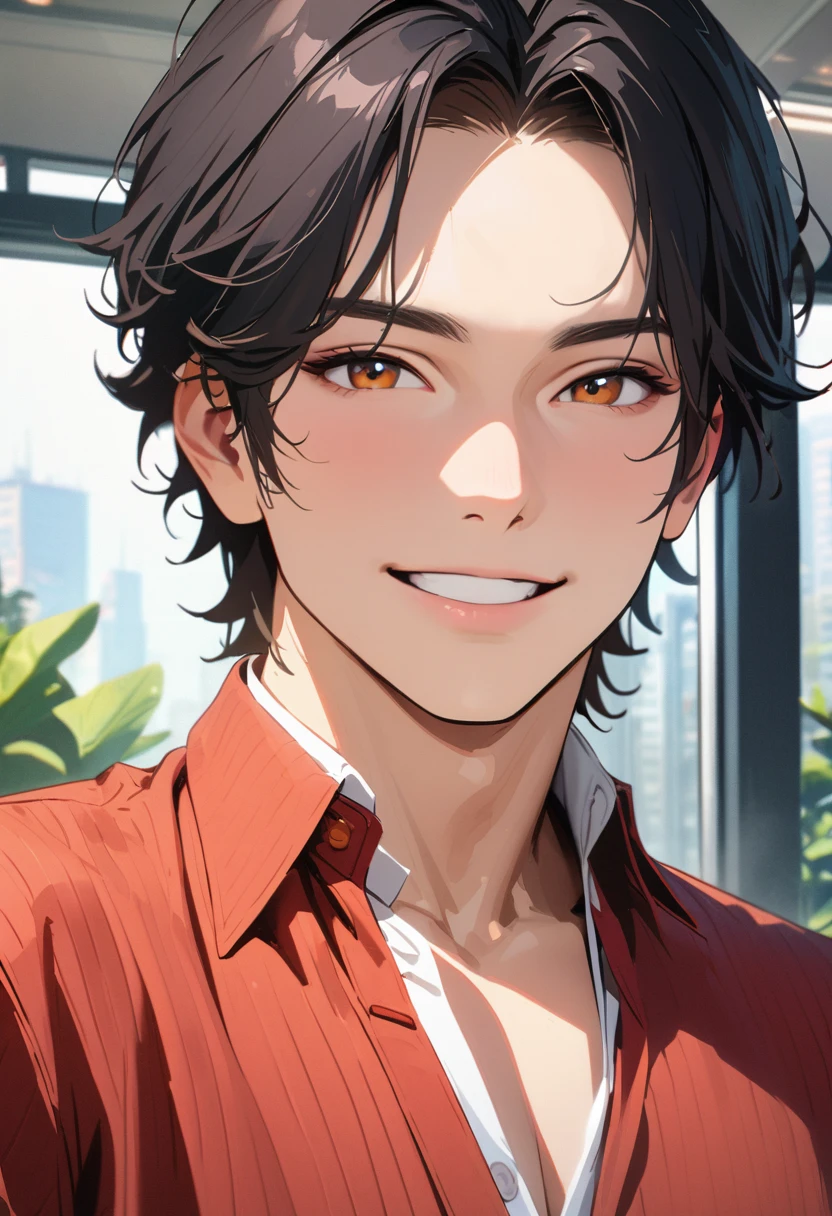 ((45 years old ,modern)), Verism, (masterpiece:1.3), textured skin, super detail, best quality, 4K ,  A handsome man, black hair, short hair, light smile, happy
