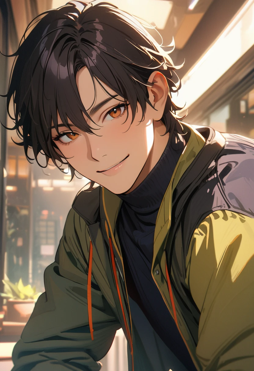 ((45 years old ,modern)), Verism, (masterpiece:1.3), textured skin, super detail, best quality, 4K , A handsome man, black hair, short hair, light smile, happy