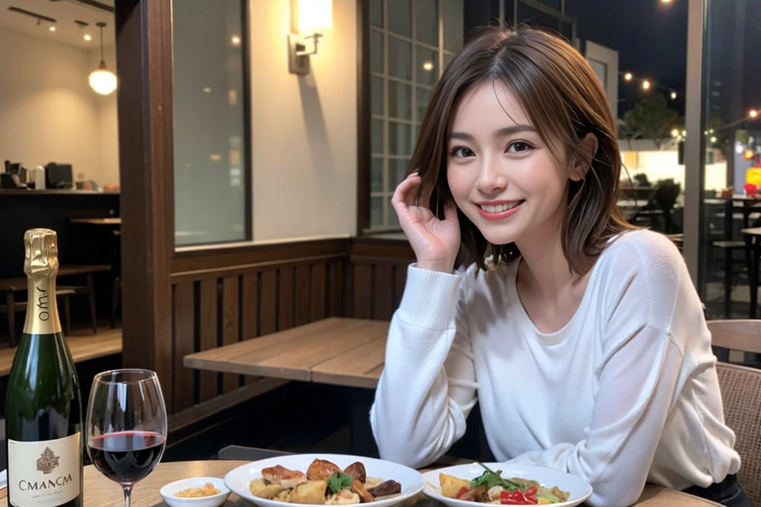 （Realistic:1.1）,(masterpiece,Highest quality)，8k,(44 years old), 42 years old, slimカップル、Model Couple、actress/actor、Tight waist,Upper Body,full-course dinner、wine 、Amazing view of the sunset sky and clouds、Perfect Anatomy, Brown Hair, short hair,Random Hairstyles,((Highly detailed face and eyes:1.2))(cute顔:1.4)，美しいactressの顔，Perfect golden ratio face，Long sleeve shirt、dress,(smile:1.2)、Shortcuts、cute、(Realistic, Intricate details:1.2), A bright smile、short hair,Bright Face、赤wine 、Appetizers、Italian food、wine bottle、Champagne、スパークリングwine、(slimな顔), (The body is slim), (Brown Hair), (Shortcuts),  Upper Body, 白wine, slim, wineグラス, 