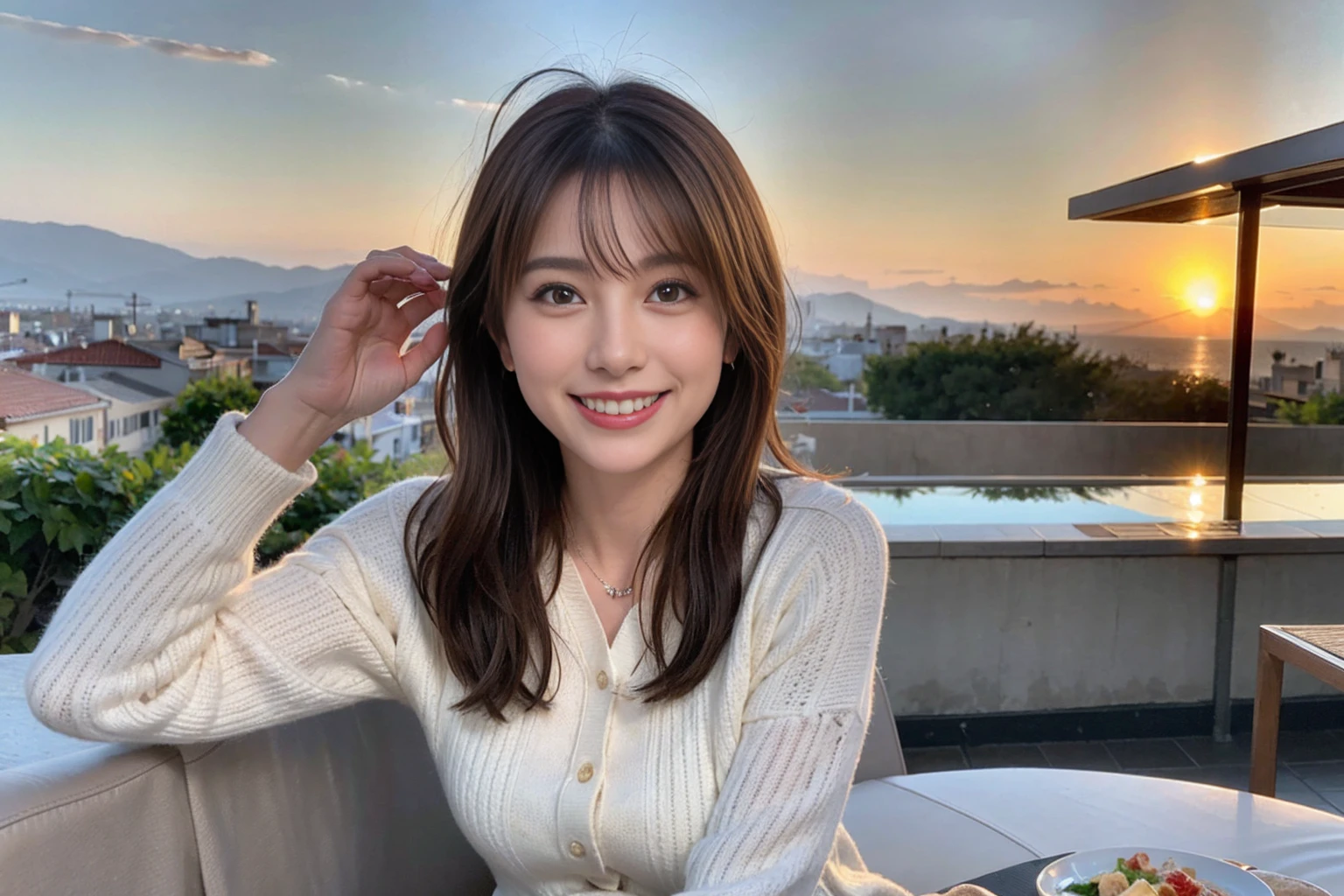 （Realistic:1.1）,(masterpiece,Highest quality)，8k,(44 years old), 42 years old, slimカップル、Model Couple、actress/actor、Tight waist,Upper Body,full-course dinner、wine 、Amazing view of the sunset sky and clouds、Perfect Anatomy, Brown Hair, short hair,Random Hairstyles,((Highly detailed face and eyes:1.2))(cute顔:1.4)，美しいactressの顔，Perfect golden ratio face，Long sleeve shirt、dress,(smile:1.2)、Shortcuts、cute、(Realistic, Intricate details:1.2), A bright smile、short hair,Bright Face、赤wine 、Appetizers、Italian food、wine bottle、Champagne、スパークリングwine、(slimな顔), (The body is slim), (Brown Hair), (Shortcuts),  Upper Body, 白wine, slim, wineグラス, 