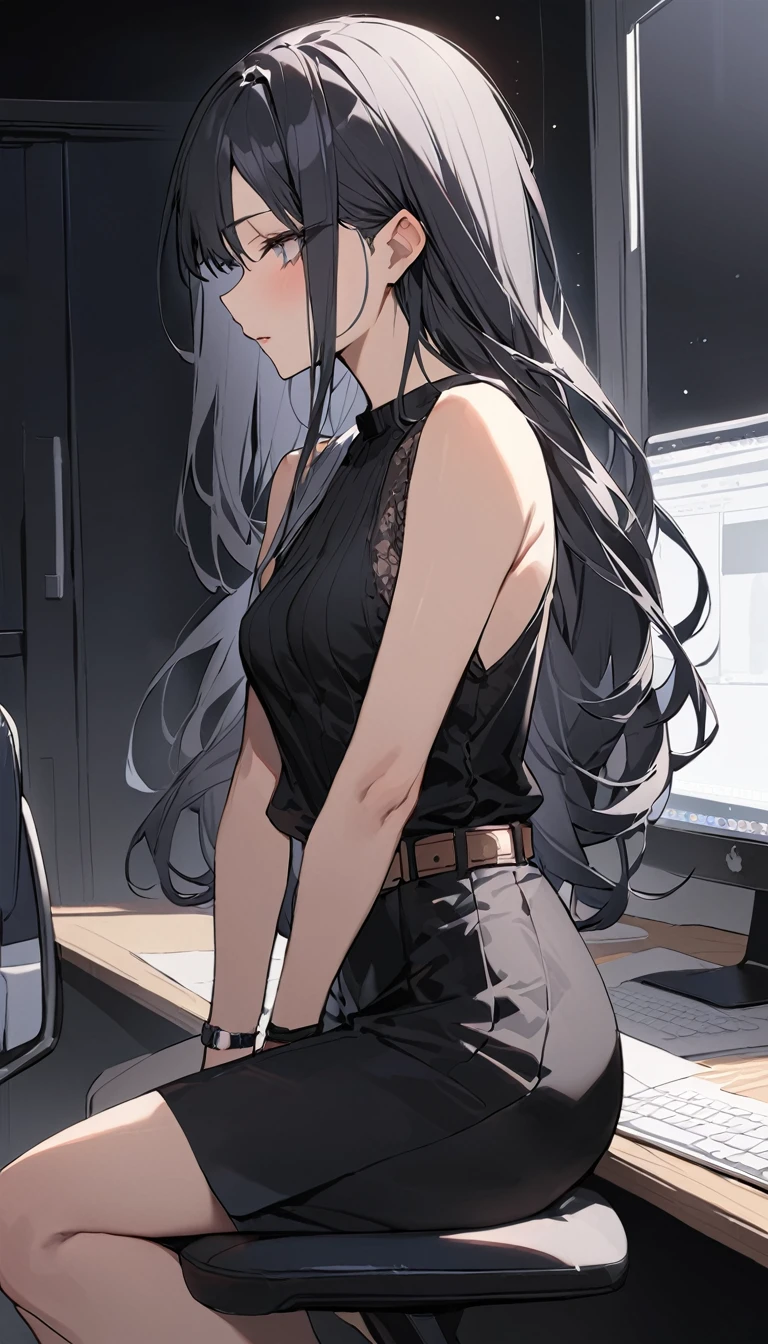 ((Highest quality)), ((masterpiece)), (detailed) Cowboy Shot, 黒髪Long Hair {{{Small breasts}}}{{{slitの入ったロングスカート}}} Contemporary mature adult woman sitting in chair officeカジュアル{{{スレンダーなofficeレディ}}Exposing shoulders 深いslitの入った膝下スカート Long Hair {{{No sleeve}}}office {{{No sleeveボタンシャツ}}} belt slit watch Exposed arms From Side