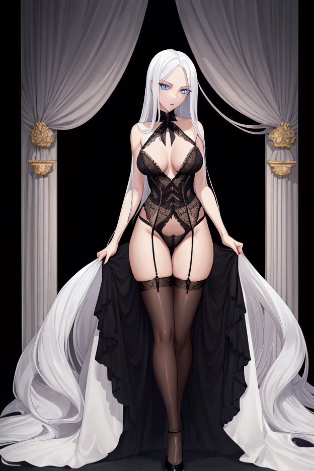 An elegant English girl with long platinum hair and blue eyes, wearing sexy black lingerie, pure black background, long legs, hot body, thin waist, wearing black laced stockings, Lingerie,wearing Lingerie, platinum_hair, medium_hair, slim_body, slim_legs



