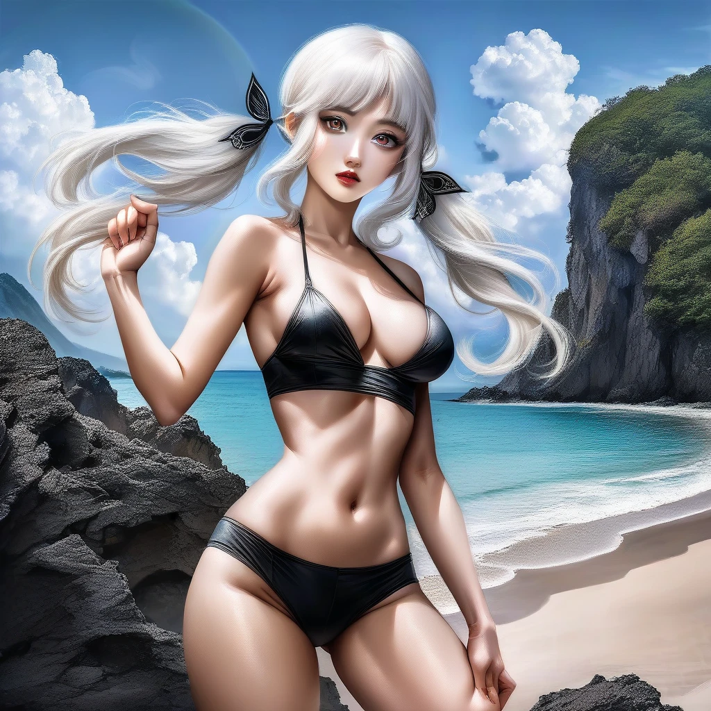 mixed_artstyle, 1 girl, Alone, hands, Asian, black White, ptinta eyes, white hair ptinta locks, twin tails, realistic, textures, 8K, perfect hand, perfect anatomy, visible curves, Breasts, beach, Standing pose 