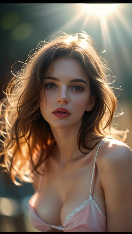 (((ultra realistic))) Photo, masterpiece, top quality, (pale skin), (Ultra detailed face and eyes:1.3), 1 girl, Adult, in a T-shirt, full body, (Eye makeup, mascara) , ((large detailed lips)), ((ash wavy hair)), ((Chyolka)) , (Natural breasts), Slim waist. ((Posing)), photoshoot, studio (soft lighting), (The play of light and shadows), depth of field, bokeh, (special attention to skin detail: 1.2), Detailed leather texture, skin pores. (Airy atmosphere of the frame. Color range - delicate, Bright, white, Pink tones), UDR, ((Film grain)), ((rays)), ((glare of the sun)), ((waist up portrait, close to the camera)) , ultra detialed, pink bikini top, short tennis skirt