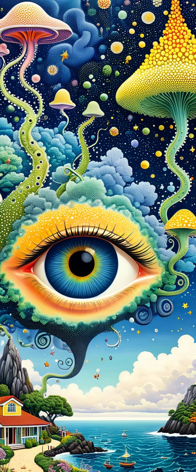 Strong visual fusion of multiple elements，Broto，来自Star的艺术家，house：1.37、Eye、Star、cloud、Spore powder、Ocean、Tentacles，Describing the inner world of autistic people，密集Pointillism method。Smooth lines。interesting，Strange illustration。Pointillism method。Strong contrast。Award-winning works。