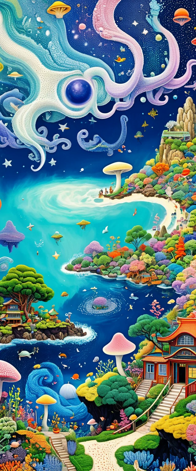 Strong visual fusion of multiple elements，Broto，来自Star的艺术家，house：1.37、Eye、Star、cloud、Spore powder、Ocean、Tentacles，Describing the inner world of autistic people，密集Pointillism method。Smooth lines。interesting，Strange illustration。Pointillism method。Strong contrast。Award-winning works。