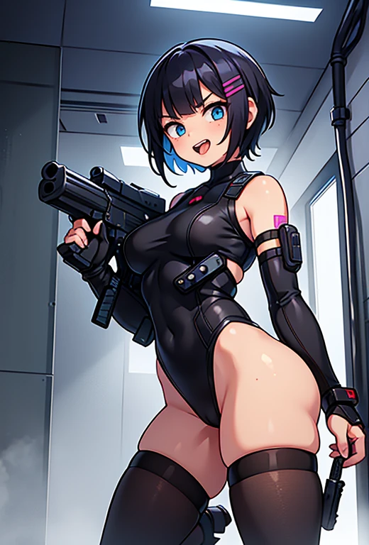 インペリアルガード戦闘服Swimwear, o-ring bikini, V Gundam, Swimwear, Absurd, High resolution, alone, Cowboy Shot, One girl, Nomad Nibble \(Cosplay\), Wristband, headphone, holster, Backpack, Possession of a gun, aim, Perfect hands, Wind, (High resolution,Highest_quality,masterpiece), Large Breasts, Huge breasts, Blue Hair, blue eyes, short hair, From the back, Butt, From behind, looking From the back, view From the back