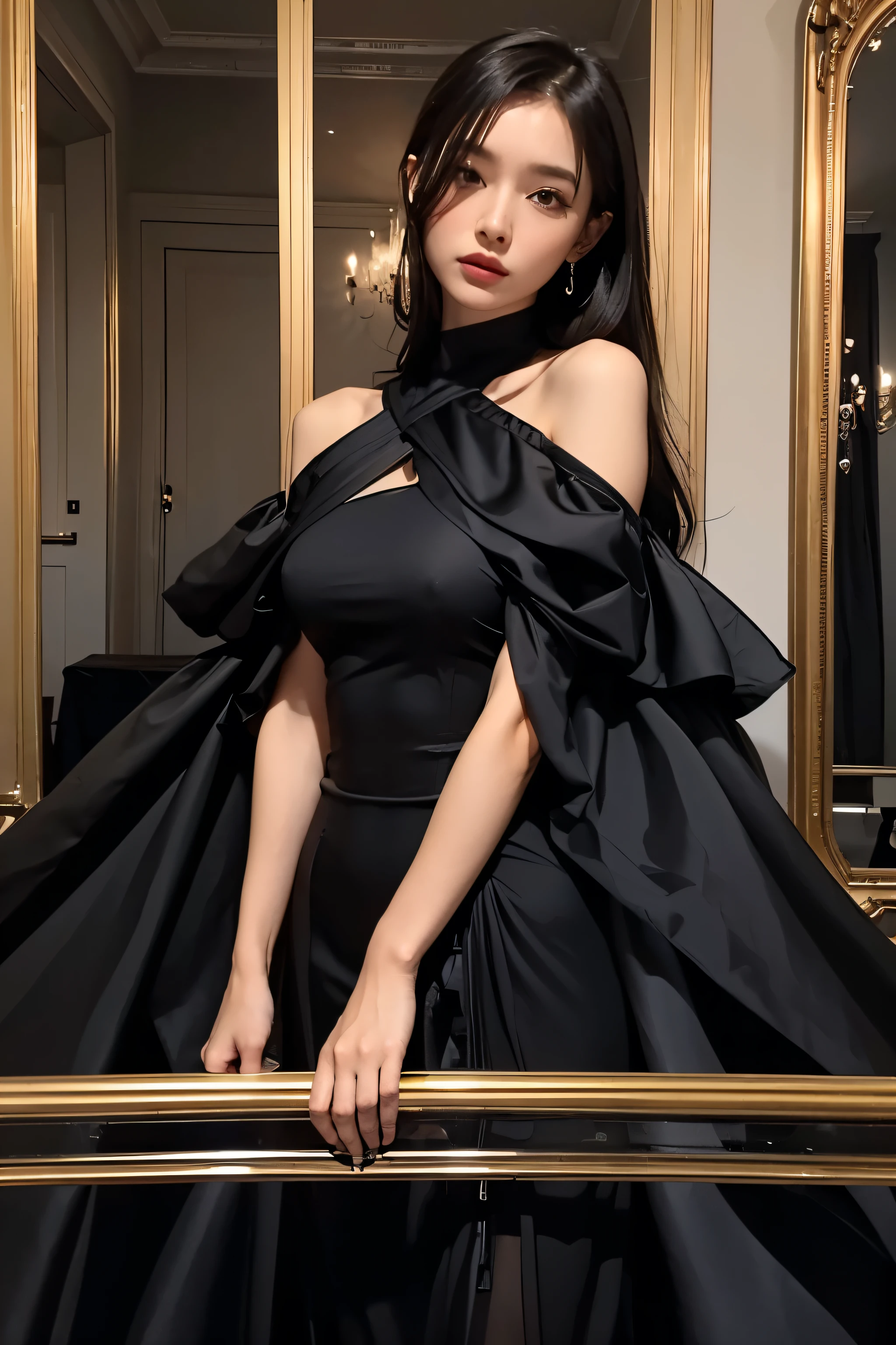 a close up of a person wearing a dress standing in a room, sexy dress, she is wearing a black dress, open dress, wearing a dress, wearing black dress, wearing a black dress, black dress, 우아한 wearing a dress, very sexy costume, wearing a tight black dress, tight dress, cute and elegant pose, sexy gown, Stylish, revealing dress, wearing a dress