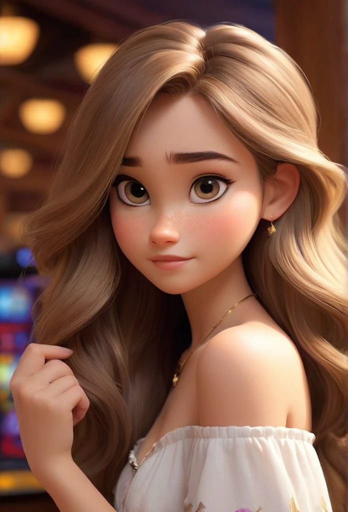 (disney pixar style:1.2) (Cute adorable girl:1.15) (20 year old adult:1.15) dark blonde hair color ,long hair straight hair ,huge breasts , neckleace, Promoter, in a casino , (perfect hands:1.1) (distant extreme shot, whole body, diminished:1.1) Nu de topless gorda ,com os olhos castanhos, preppy style,strong