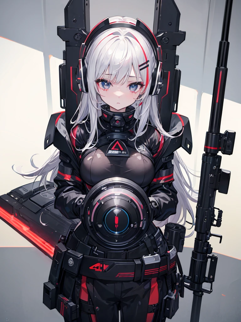 (((masterpiece))), ((4K)), beat, wearing black beat gear, , beat written on breastplate, wearing black beat helmet, A girl, , View by scope, Rouge pupil, Silver Hair, Expression of mercy