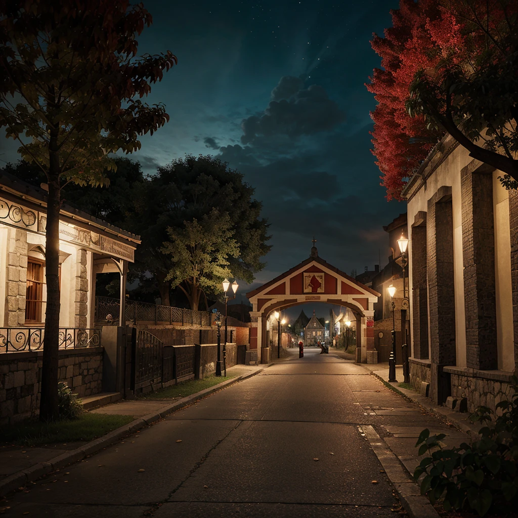 medieval fantasy capital's town entrance at outskirts, red, white and black enigmática, secured with Royal guards, anime Style ilustración, Creative and original , high quality, realistic ,