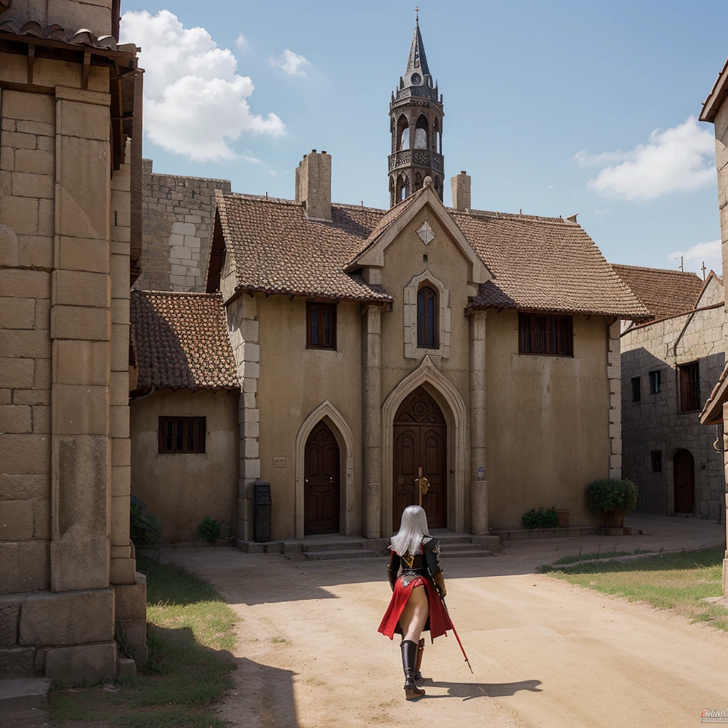 medieval fantasy capital's town  entrance at outskirts, red, white and black enigmática, secured with  Royal guards, anime Style ilustración, Creative and original , high quality, realistic , 
