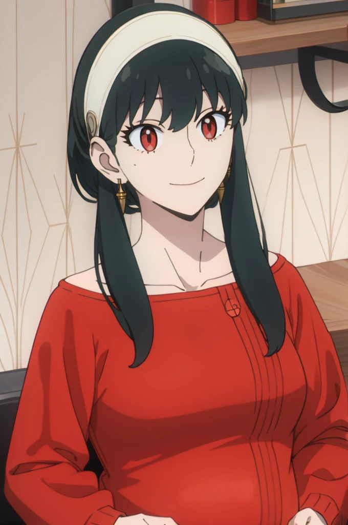 { - anatomy error} (Masterpiece, Best Quality) (masterpiece:1.4),(best quality:1.4) best quality, masterpiece, highres, solo, {yor_briar_spyxfamily:1.15}, black_hair, hairband, red eyes, sidelocks, white_hairband, jewelry, earrings, bangs, long_hair, 1girl, collarbone, closed_mouth, red_sweater, sweater, backwards, full body, dinamic poses, looking at camera, smile, pregnant belly, pregnancy